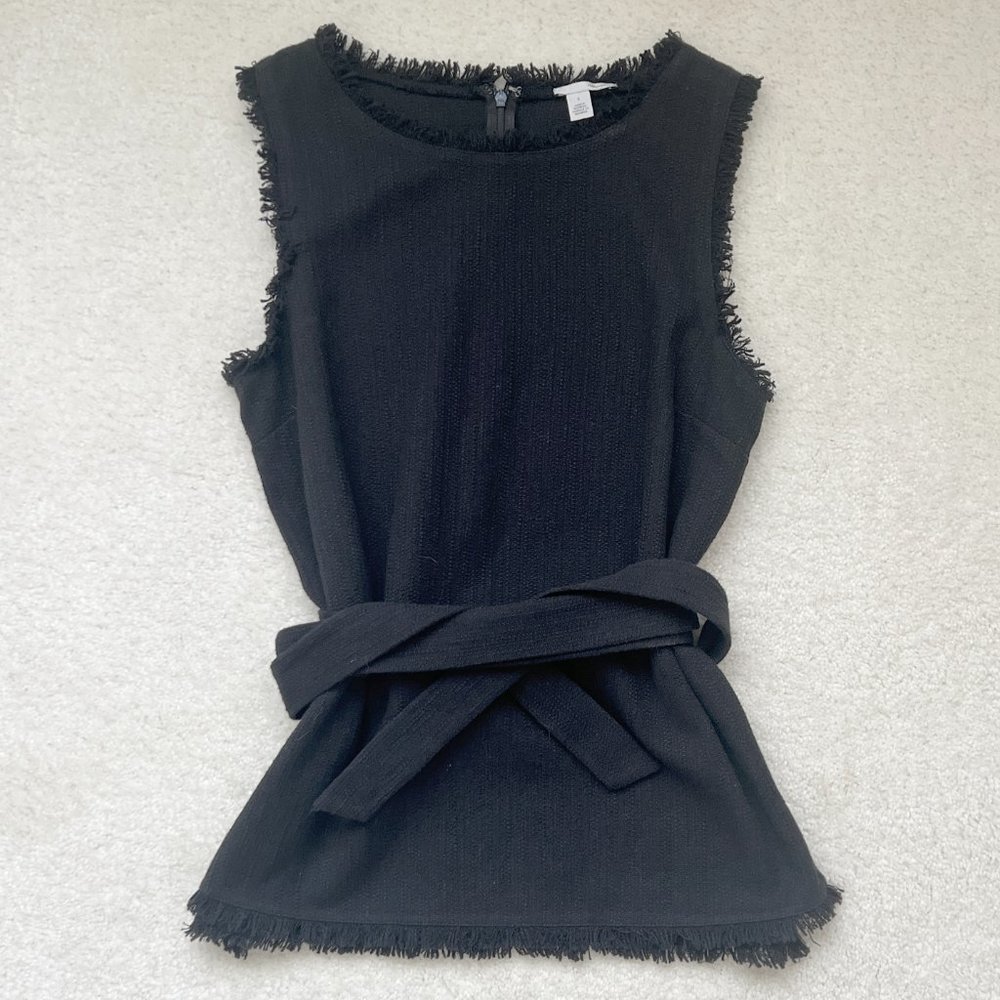 Halogen Sleeve-less Top with Fringed Edges and Belt